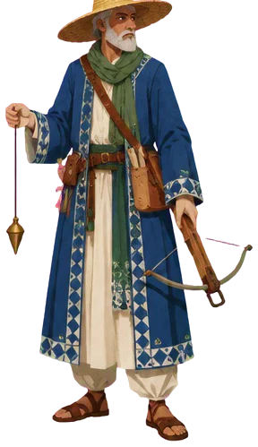 Haytham Marjan bertopi jerami lebar, unting-unting di satu tangan, busur silang di tangan lain.
