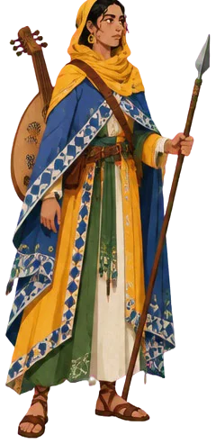 Rabab Shantari berjubah safron dan biru, oud di punggung, tombak pendek di tangan.